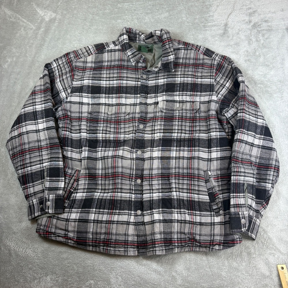 Woolrich Shirt Mens XXL Quilted Lined Flannel Plaid Snap Front Jacket Black Grey